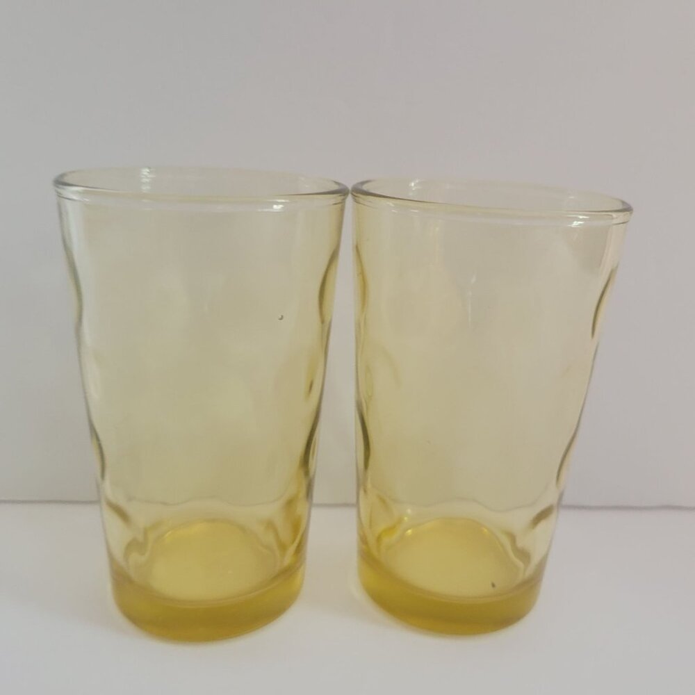 Vintage Yellow-Tinted Coin dot Textured Glass Juice Glasses Set Of 2